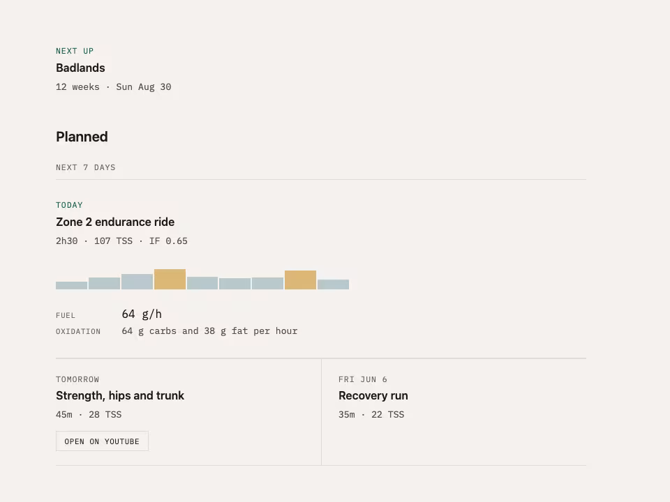 Planned page showing the next upcoming event above the weekly workout list