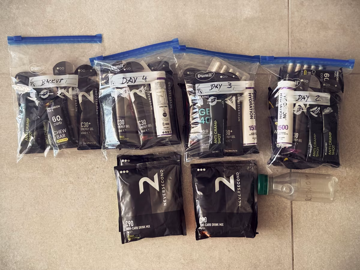Bars, gels and drink mix sorted into labeled daily bags.