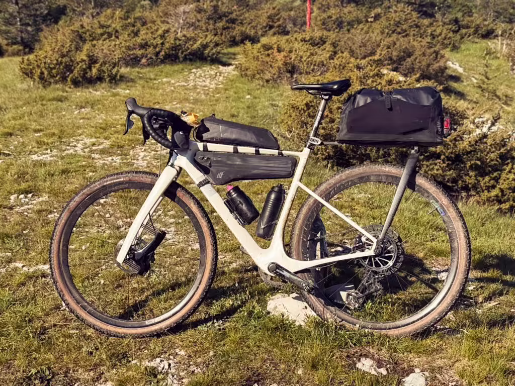 Loaded bikepacking bike on gravel trail, day 3
